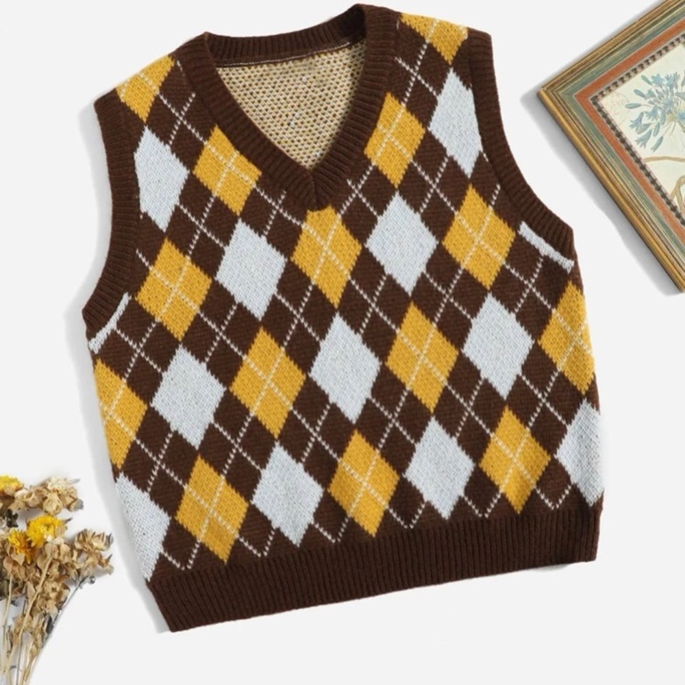 Shein Yellow White Brown Argyle Vest